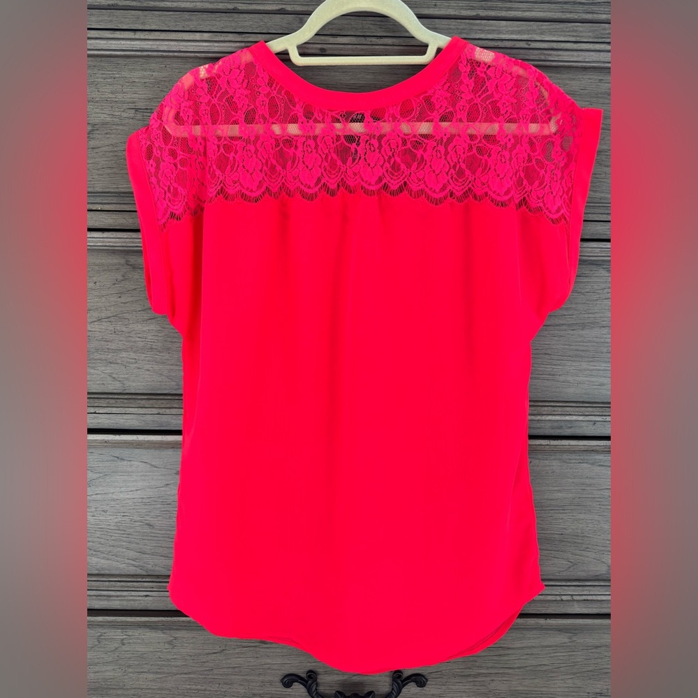 NEW H&M Lace Blouse NWOT Hot Pink Red Neon Short Sleeve Chiffon Blouse